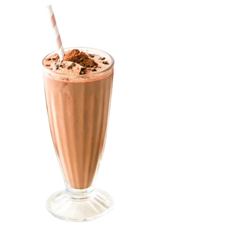 Delicious Chocolate Milkshake in Glass with Straw and Chocolate Topping png