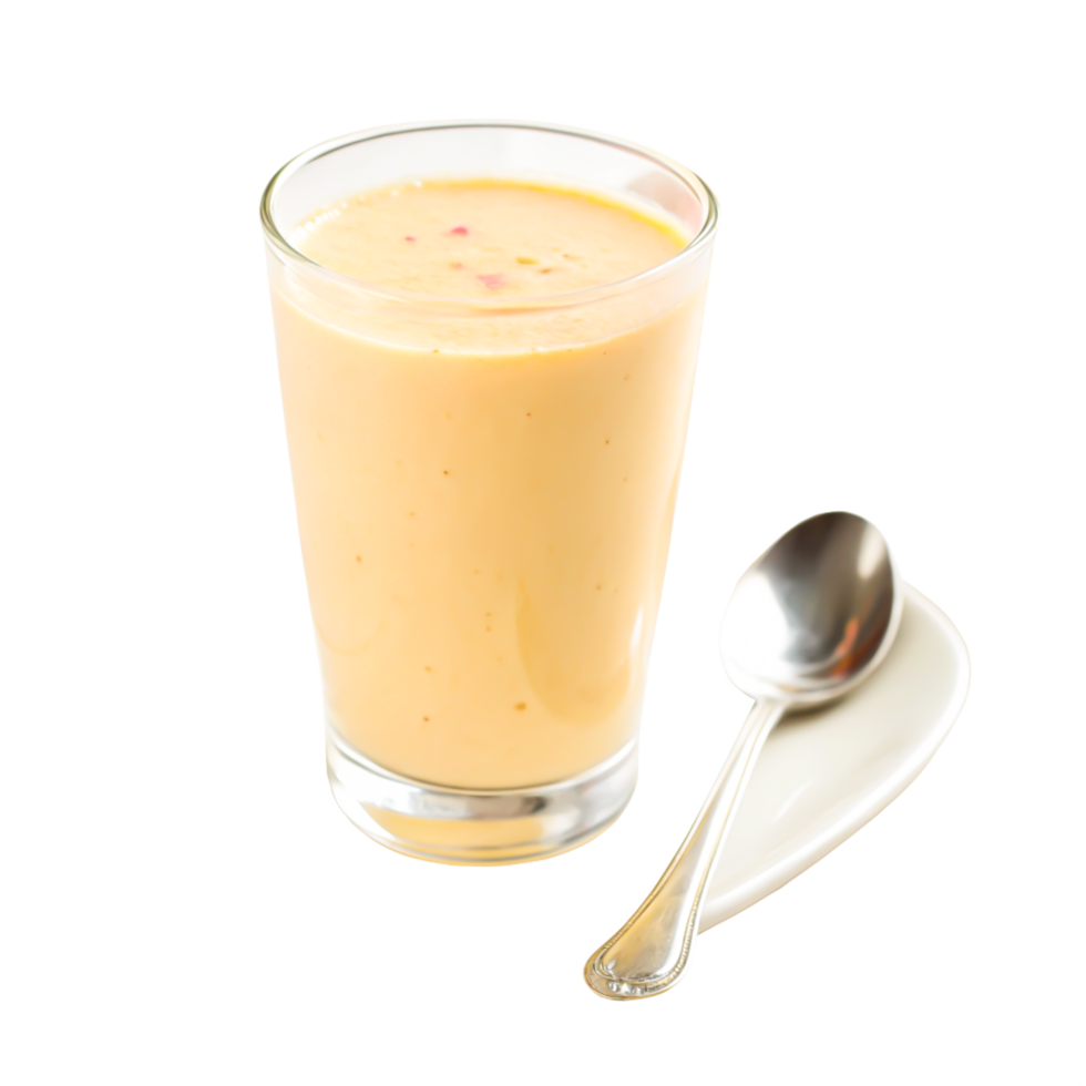 Delicious Creamy Peach Smoothie in Glass with Spoon on Plate png