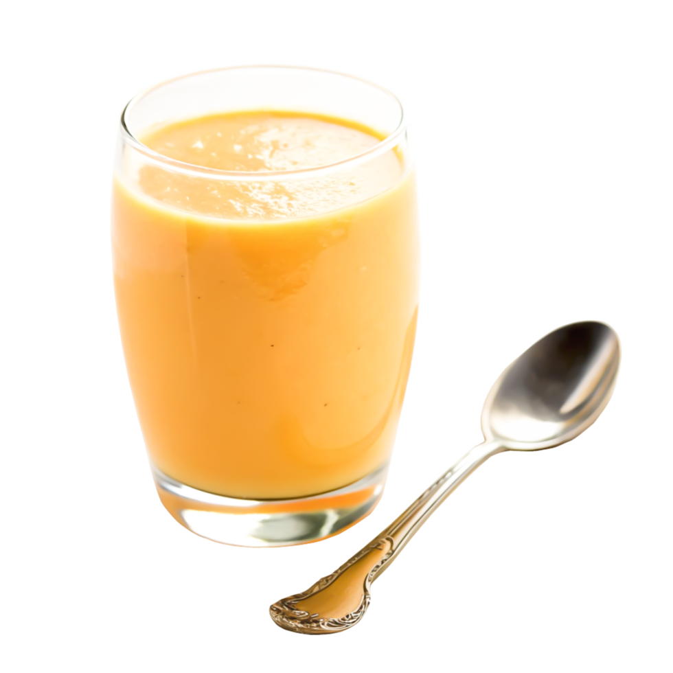 Delicious Mango Smoothie in Glass with Spoon - Refreshing Tropical Drink png