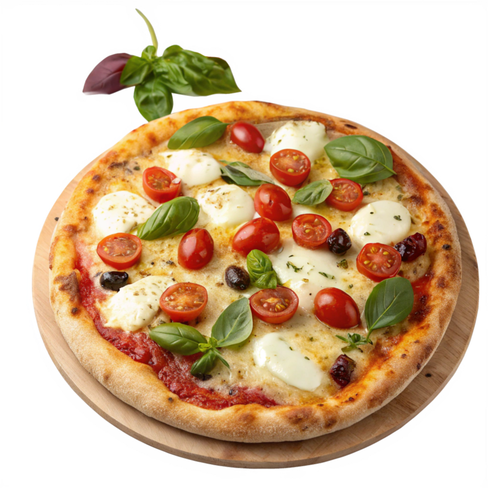 Delicious Margherita Pizza with Cherry Tomatoes, Mozzarella, and Basil png