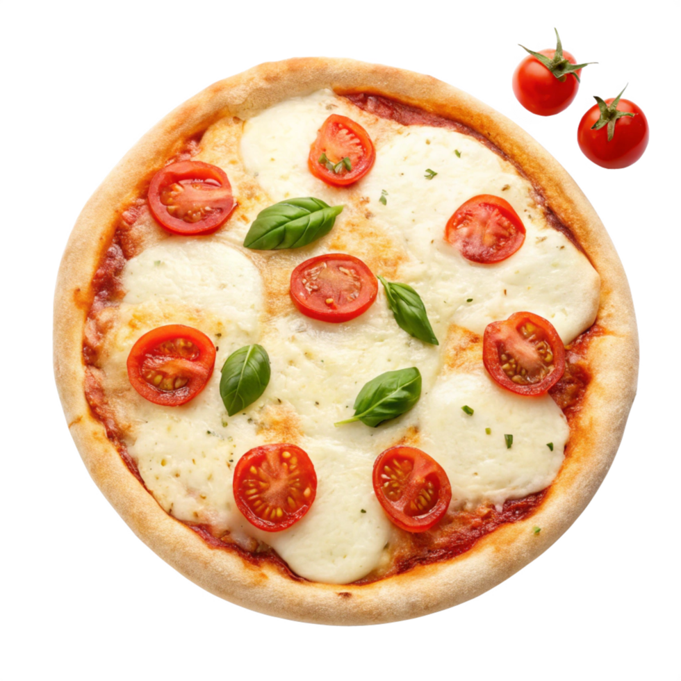 Delicious Margherita Pizza with Fresh Tomatoes and Basil Top View Food Photography png
