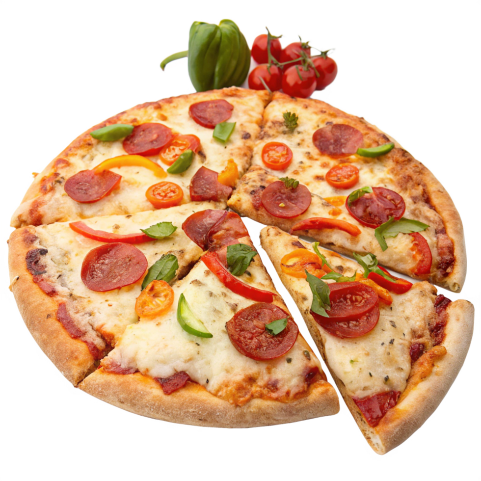 Delicious Pepperoni Pizza with Fresh Vegetables and Basil High-Resolution Food Photography png