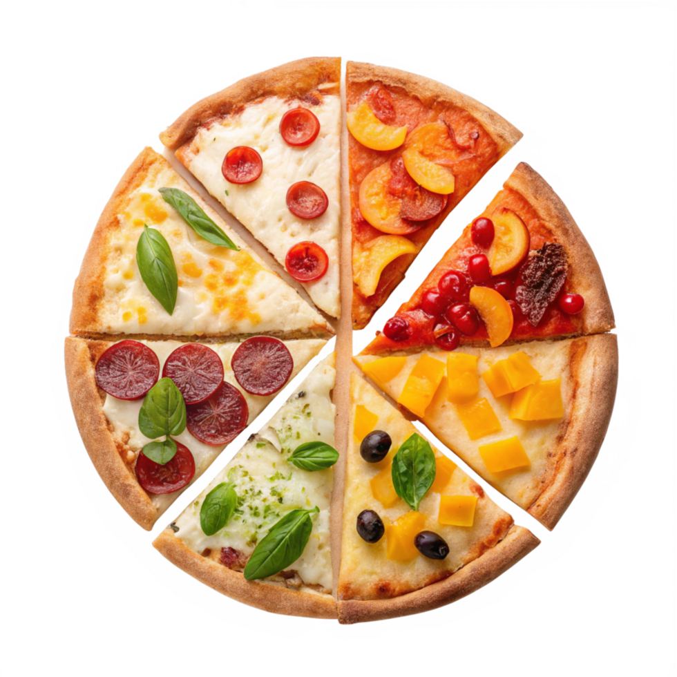 Delicious Variety Pizza Slices Eight Gourmet Toppings, Top View png
