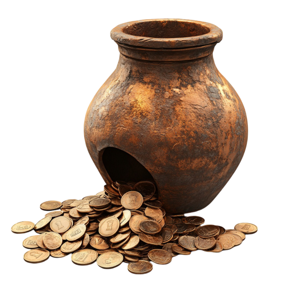 Ancient Clay Pot with Gold Coins Transparent Background png