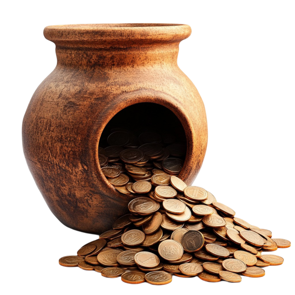 Clay Pot with Gold Coins Transparent Background png