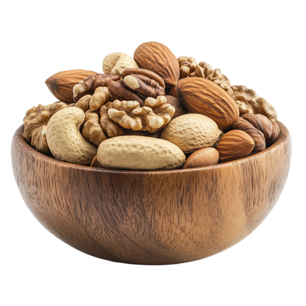 Assorted Nuts in Wooden Bowl Transparent Background png