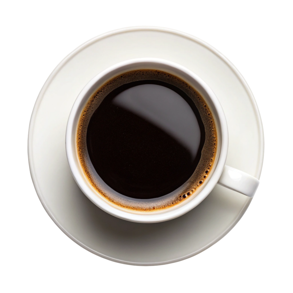 A top-down, close-up view of a cup of freshly brewed black coffee in a white ceramic cup and saucer. png