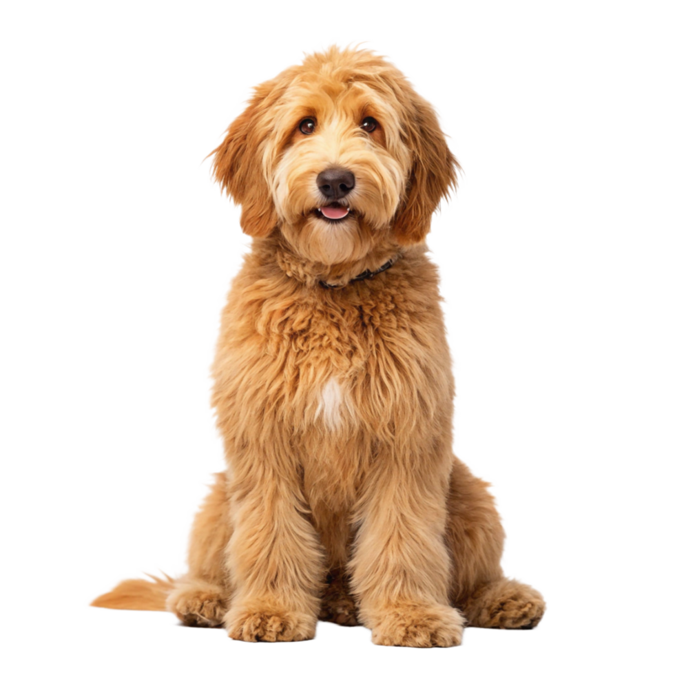A charming golden doodle puppy, sitting and looking directly at the camera png