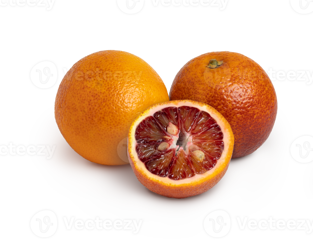 Three blood red oranges with shadow isolated. Full depth of field. png