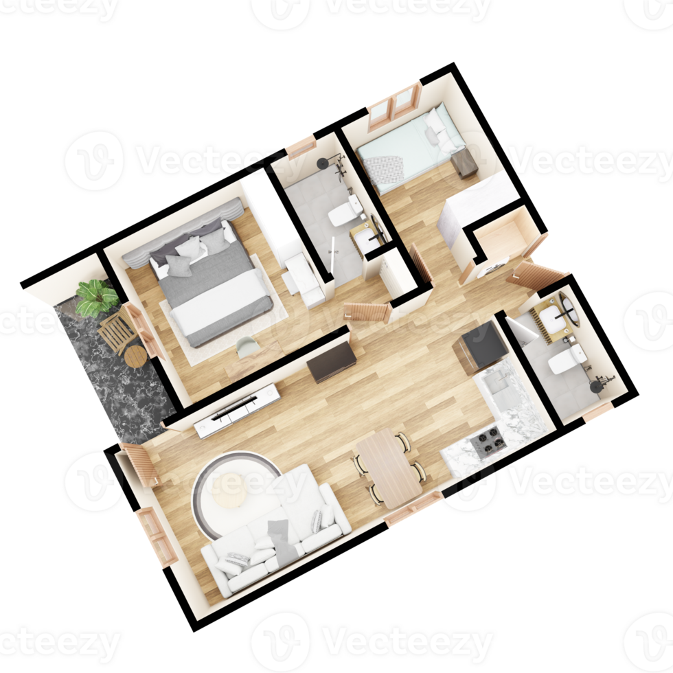 3D Floor plan of a home, 3D illustration. Front right corner of top view png