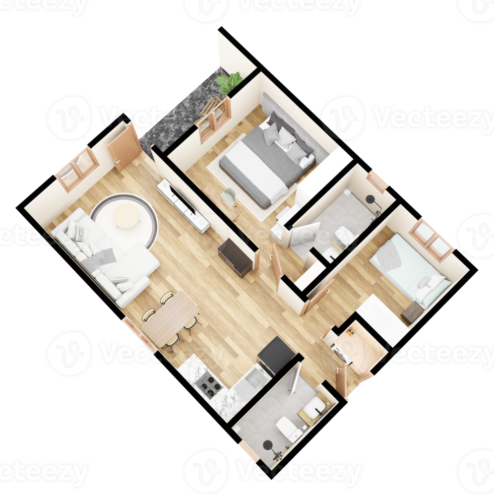 3D Floor plan of a home, 3D illustration. rear right corner of top view png