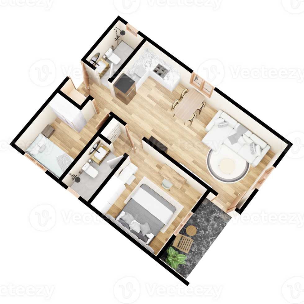 3D Floor plan of a home, 3D illustration. Front left corner of top view png