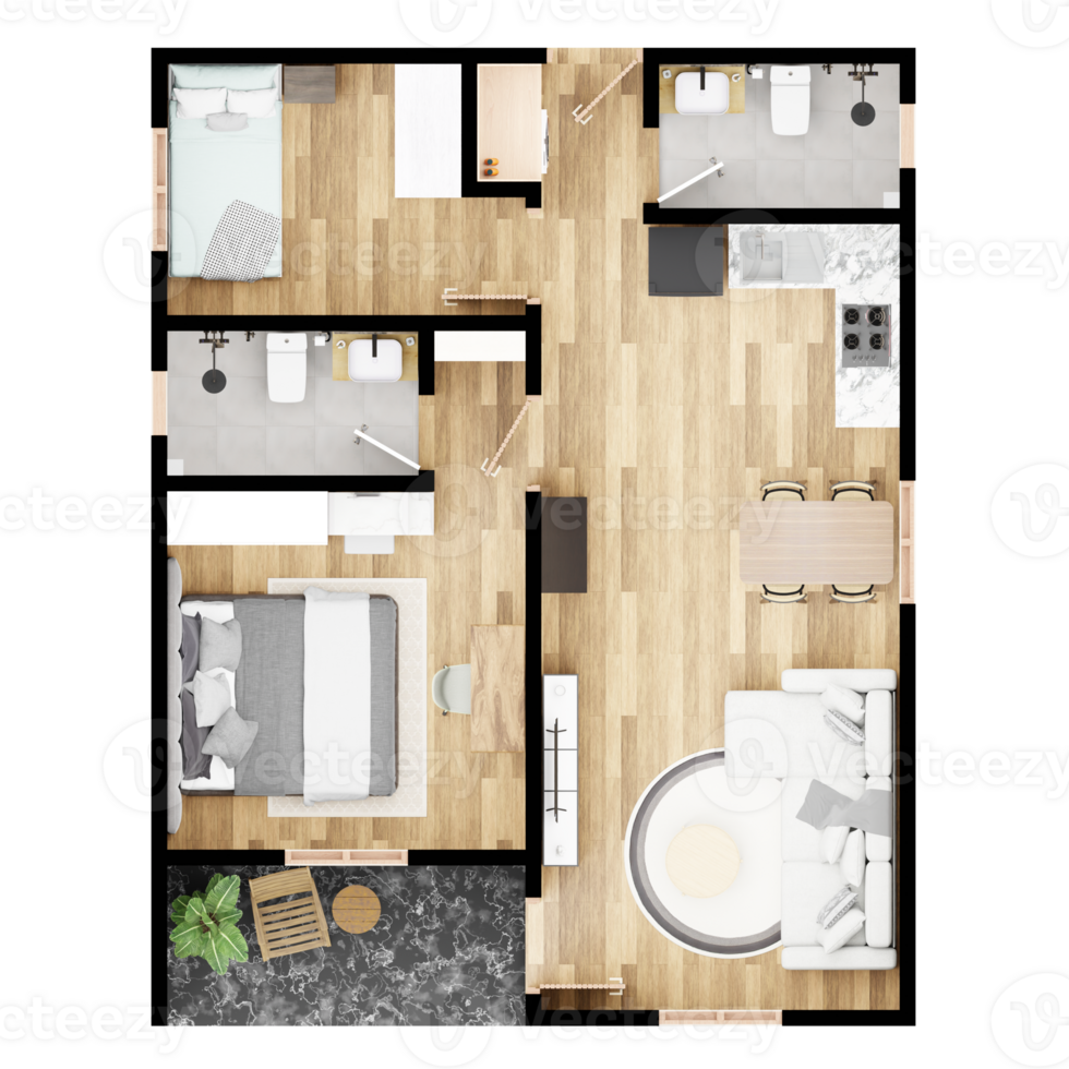 3D Floor plan of a home, 3D illustration. Top View. png