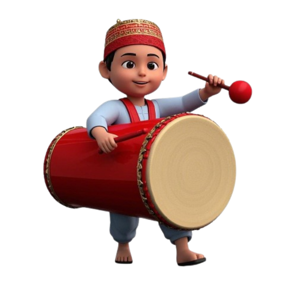 A cute cartoon boy playing a drum with a red ball png