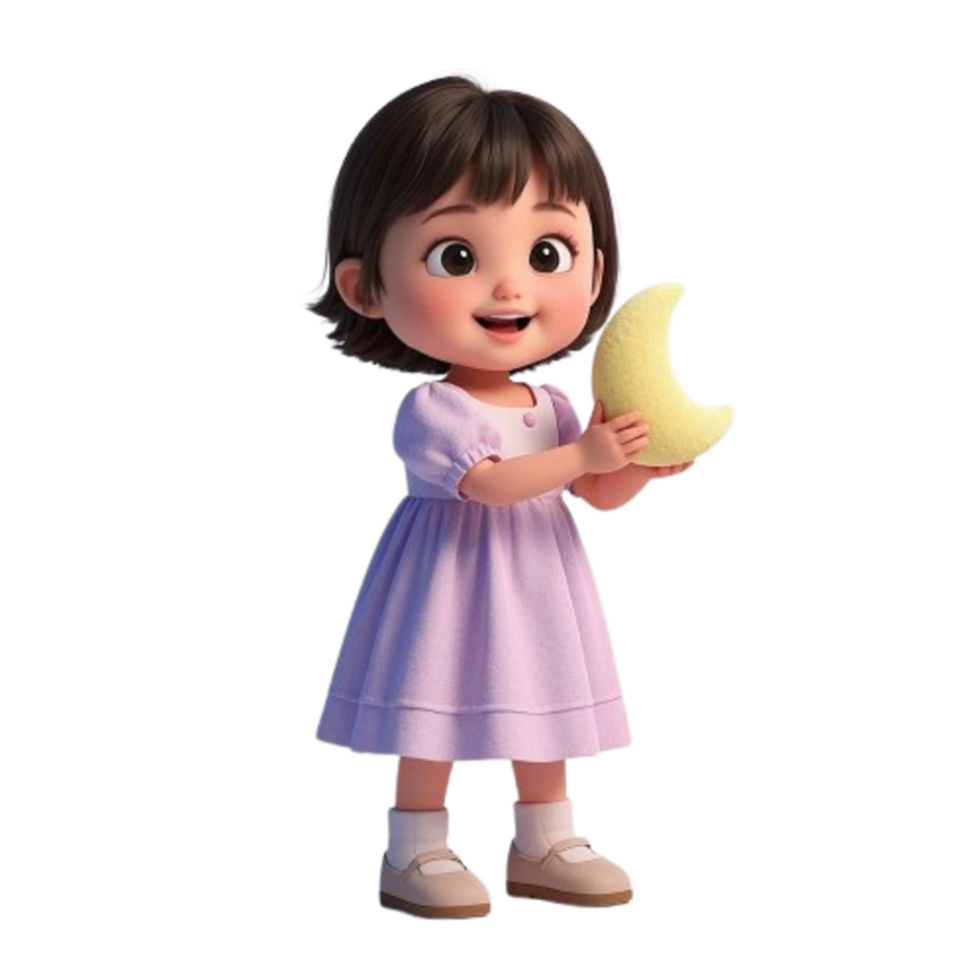 A cute little girl holding a moon in her hand isolated background png