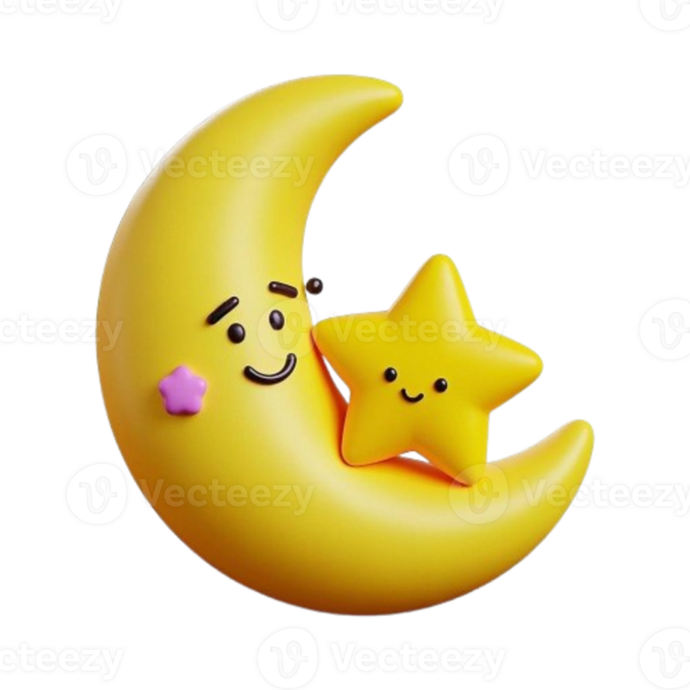 A cute cartoon yellow moon with a smiling face and a star png