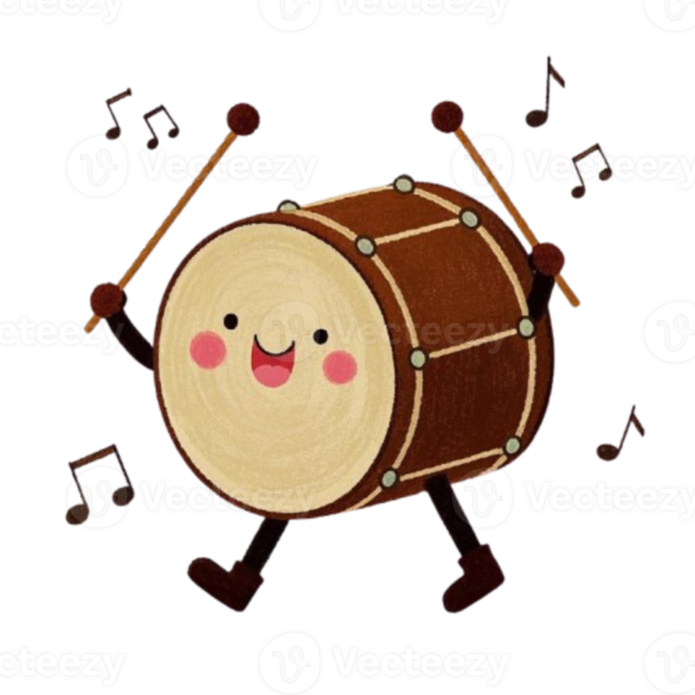 A cute drum with music notes and a smile png