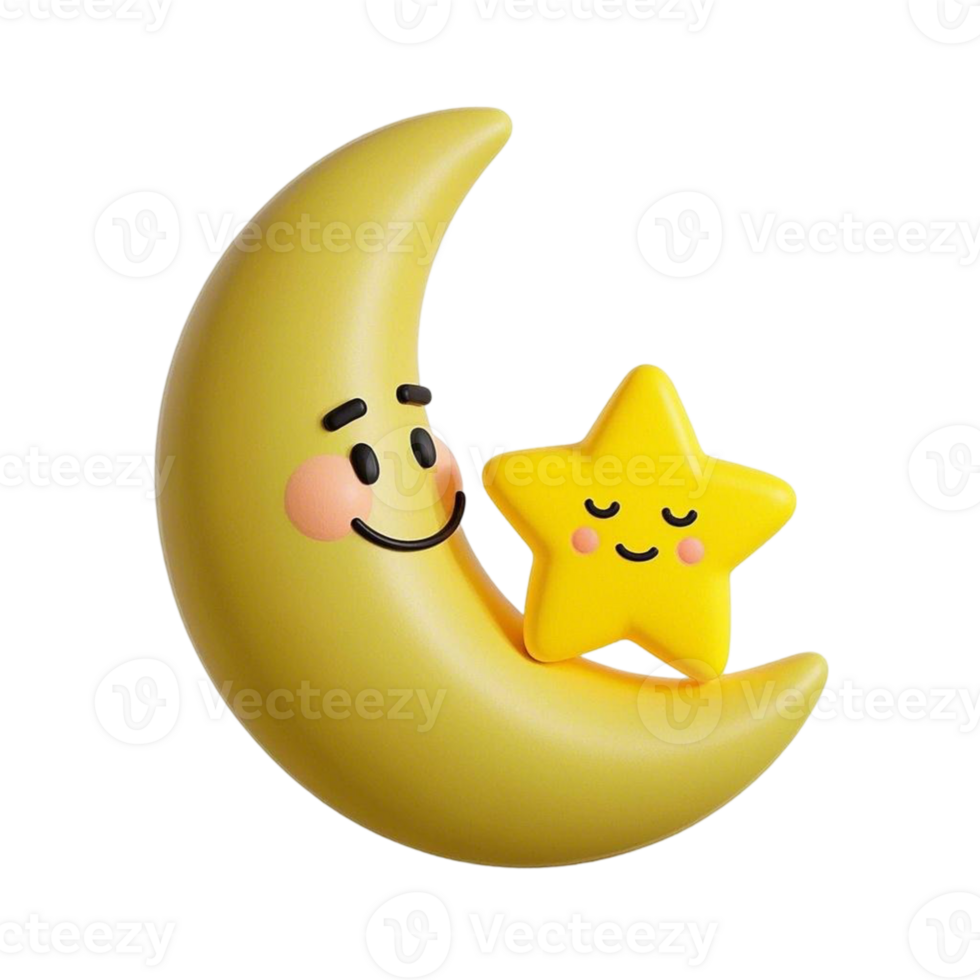 A cute yellow crescent with a smiling face and a star png