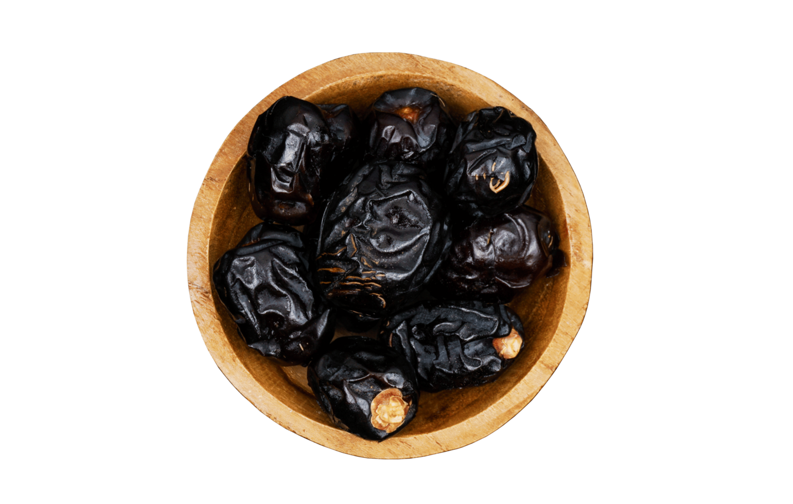 Black Ajwa dates khajur on a wooden bowl. Arabian Dates for Ramadan png