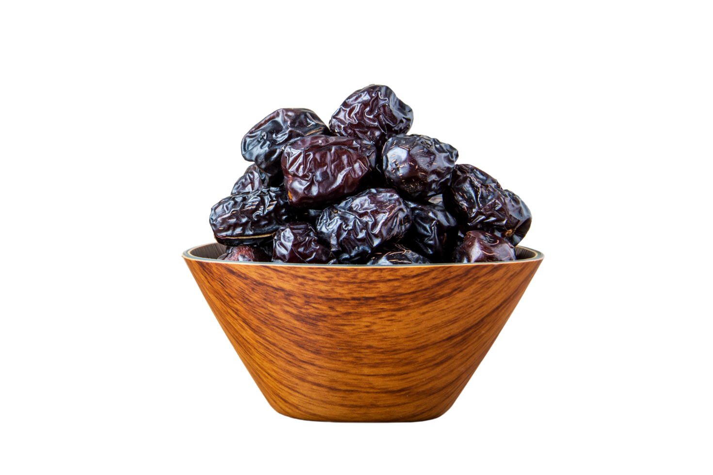Black Ajwaa dates. Ajwa khajur on a wooden bowl. Arabian Dates for Ramadan png