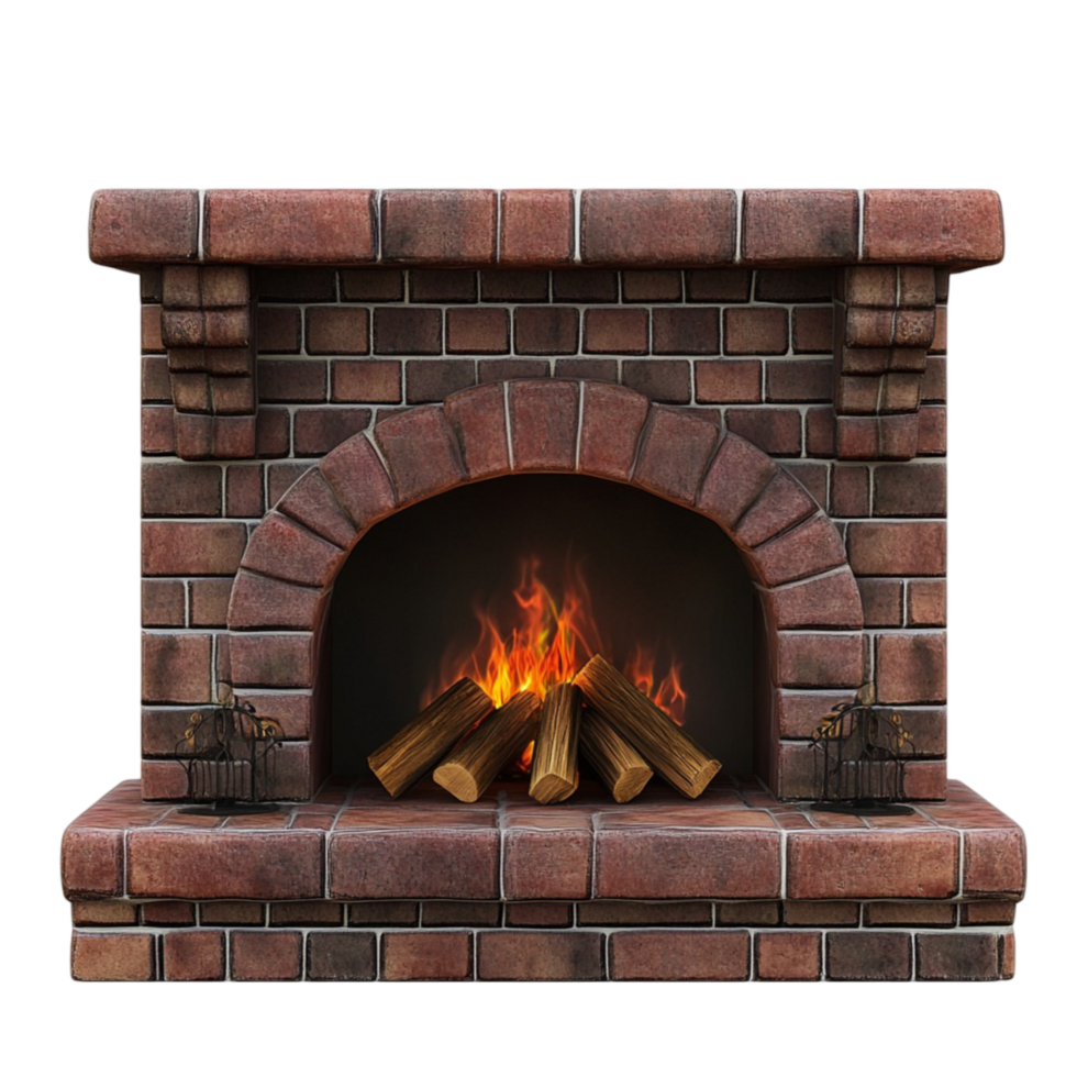 Realistic Brick Fireplace with Burning Fire png