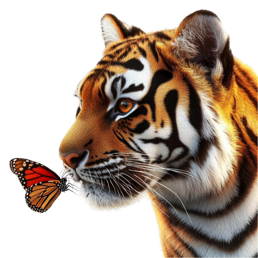 Realistic Tiger with Butterfly Close-Up png