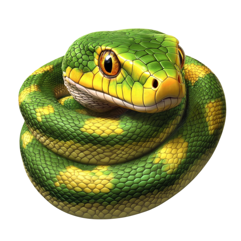 Green Coiled Snake with Yellow Eyes png