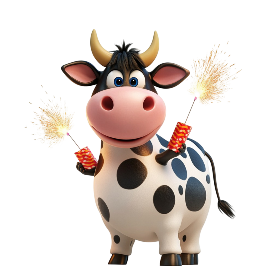 Adorable Cartoon Cow with a Playful Expression and Tiny Sparks png
