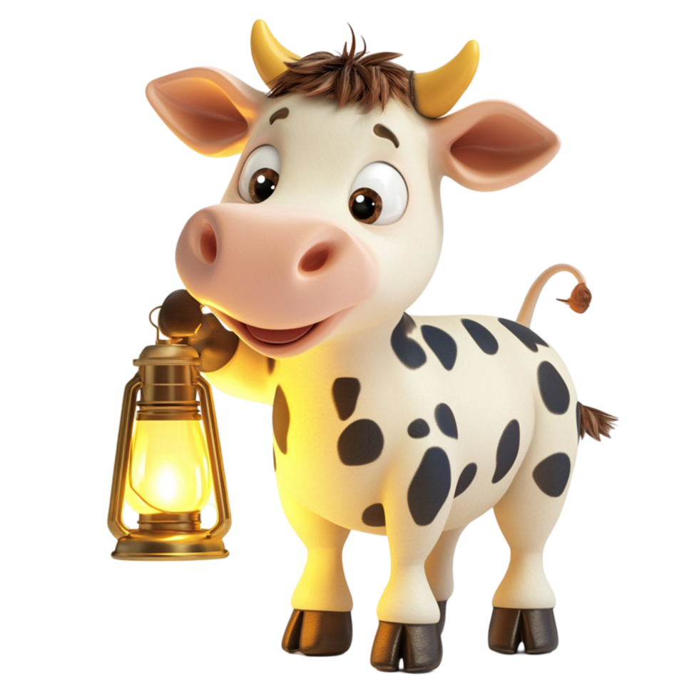 Adorable Cartoon Cow Holding a Lantern with a Warm Glow png