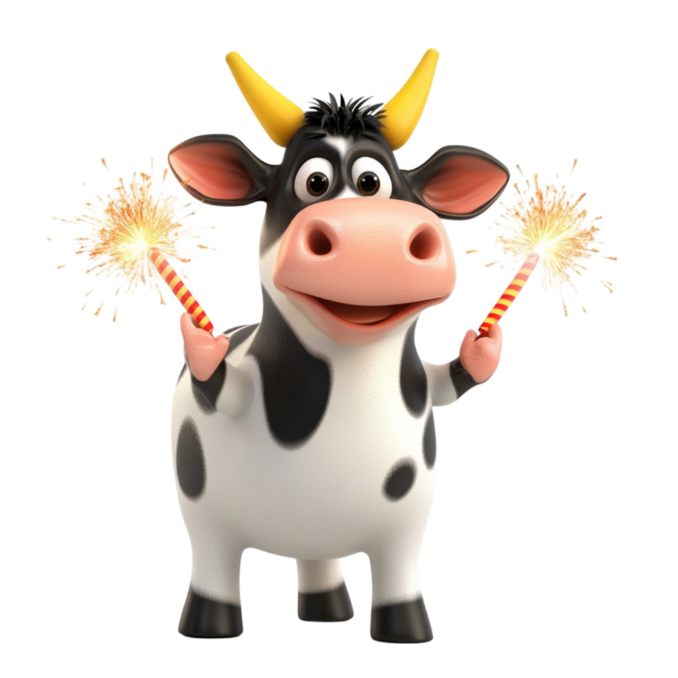 Cute Cartoon Cow with a Happy Expression and Sparks Around png