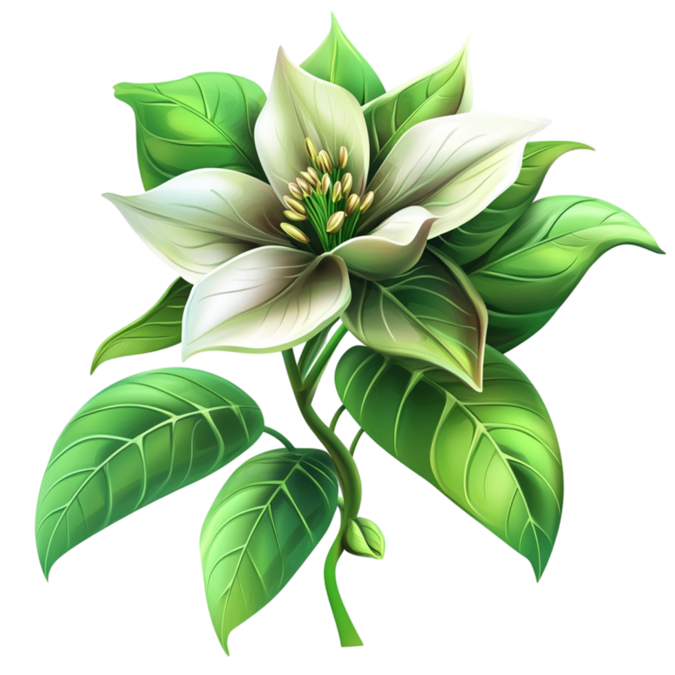 Elegant White Flower with Lush Green Leaves png