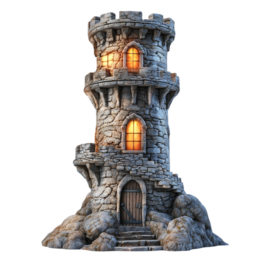 Mystical Stone Tower with Glowing Windows png
