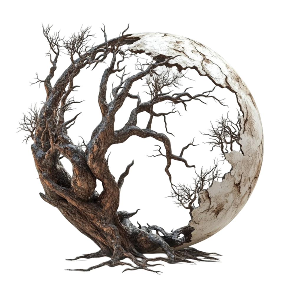 Cracked Dry Globe with Tree Roots Emerging png