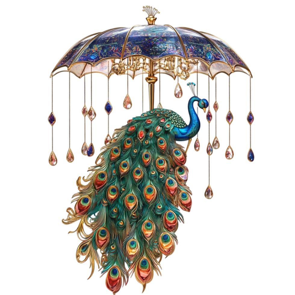 Peacock Feather Umbrella with Beaded Decorations png