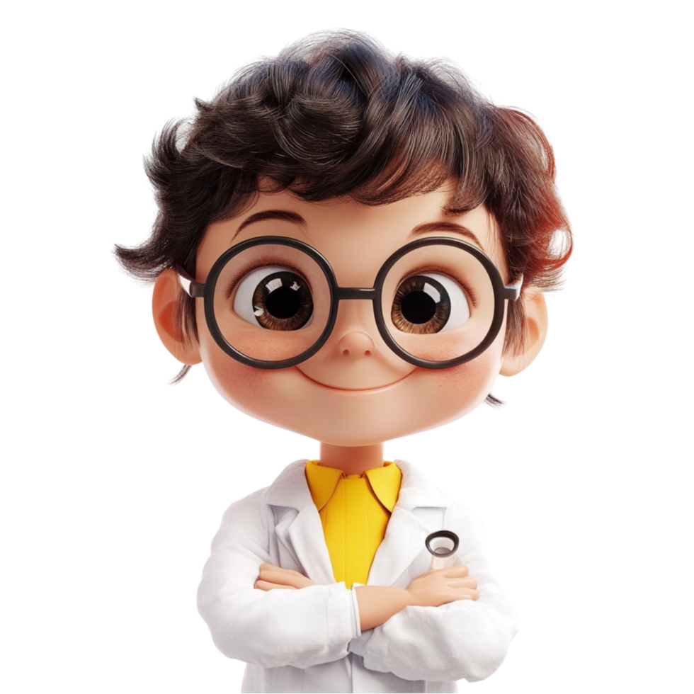 Cute Young Male Scientist in Lab Coat with Curly Hair png