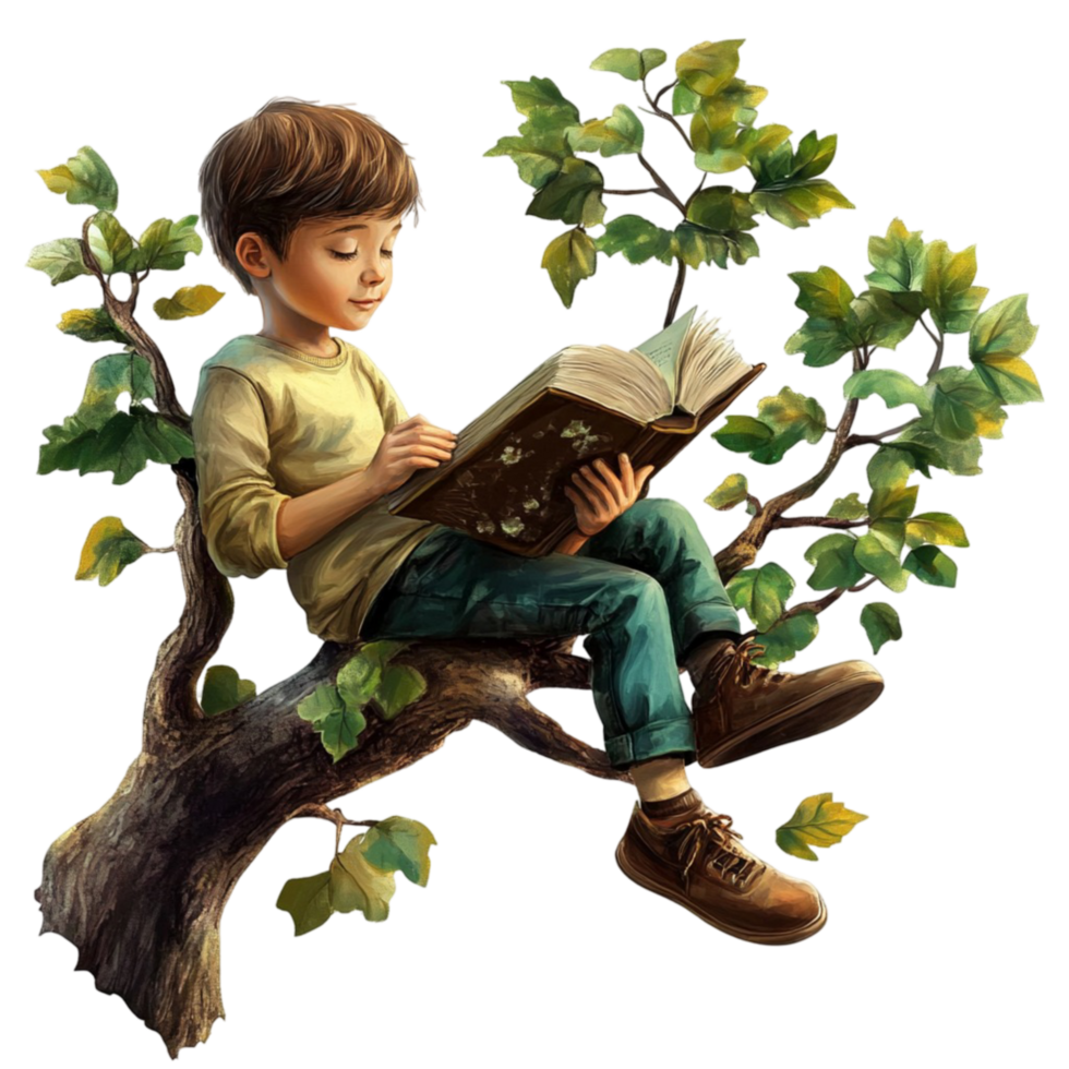 Boy Sitting on a Tree Branch Reading a Book png