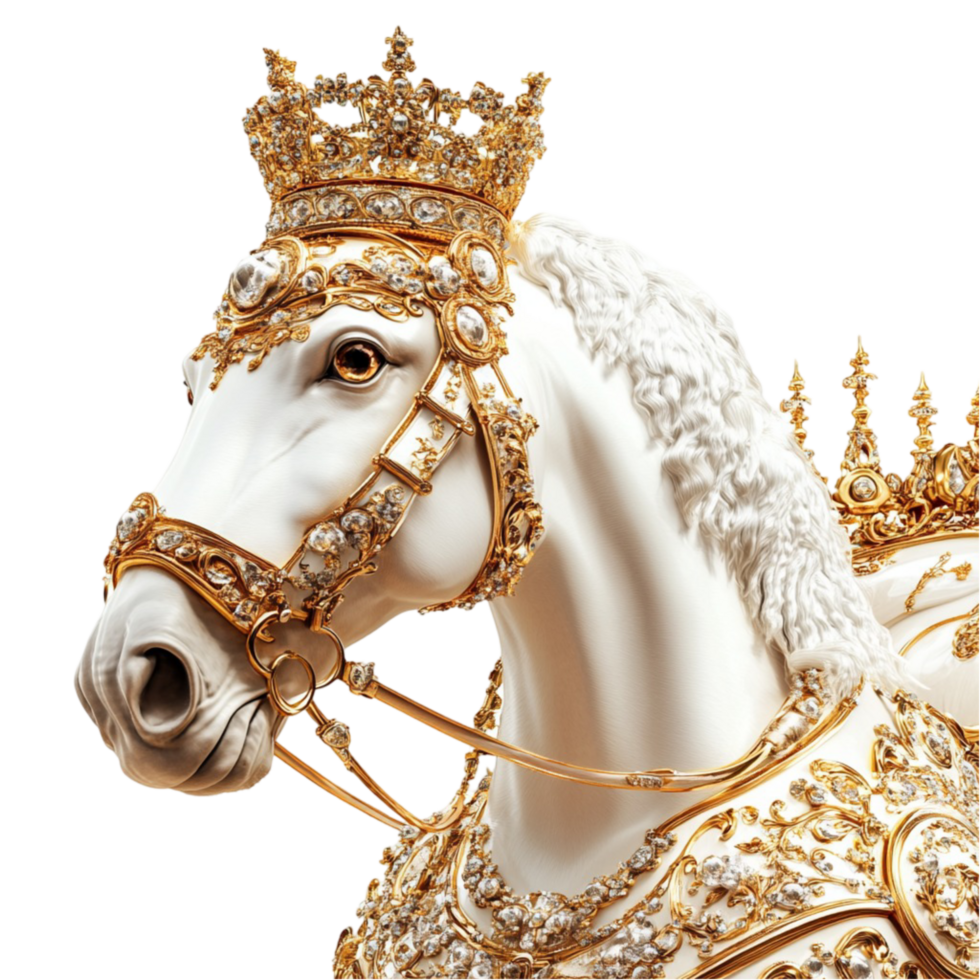 Royal White Horse with Gold Crown and Decorative Armor png