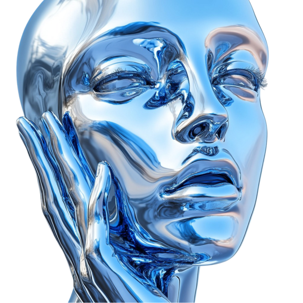 Futuristic Blue Chrome Face Sculpture with Reflection png