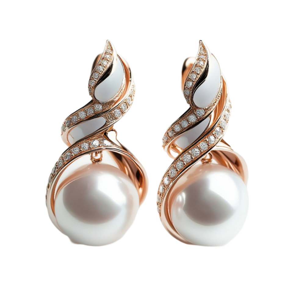 Elegant Pearl Drop Earrings with Gold Swirls png