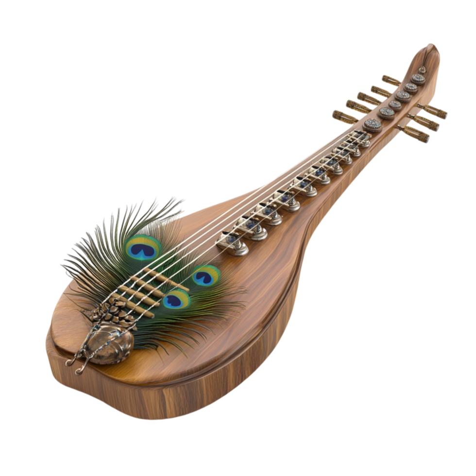 Handcrafted Wooden Sitar with Peacock Feather Accent png