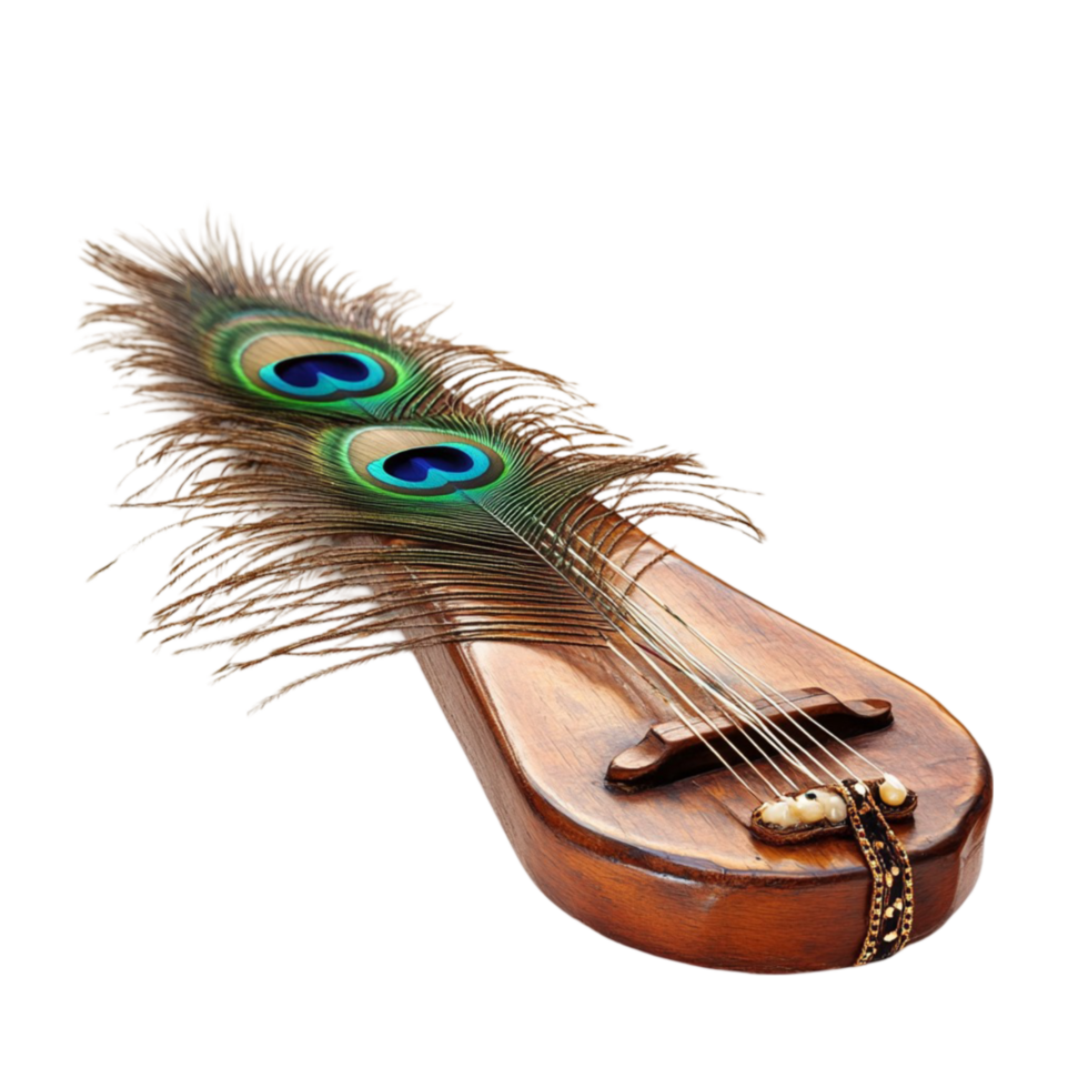 Elegant Wooden Instrument with Peacock Feather and Strings png