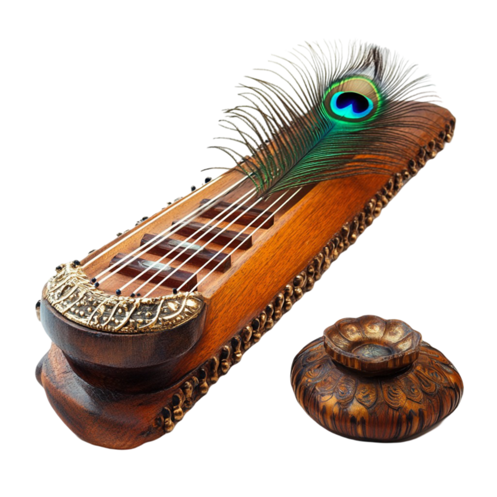 Elegant Stringed Instrument with Peacock Feather Design png