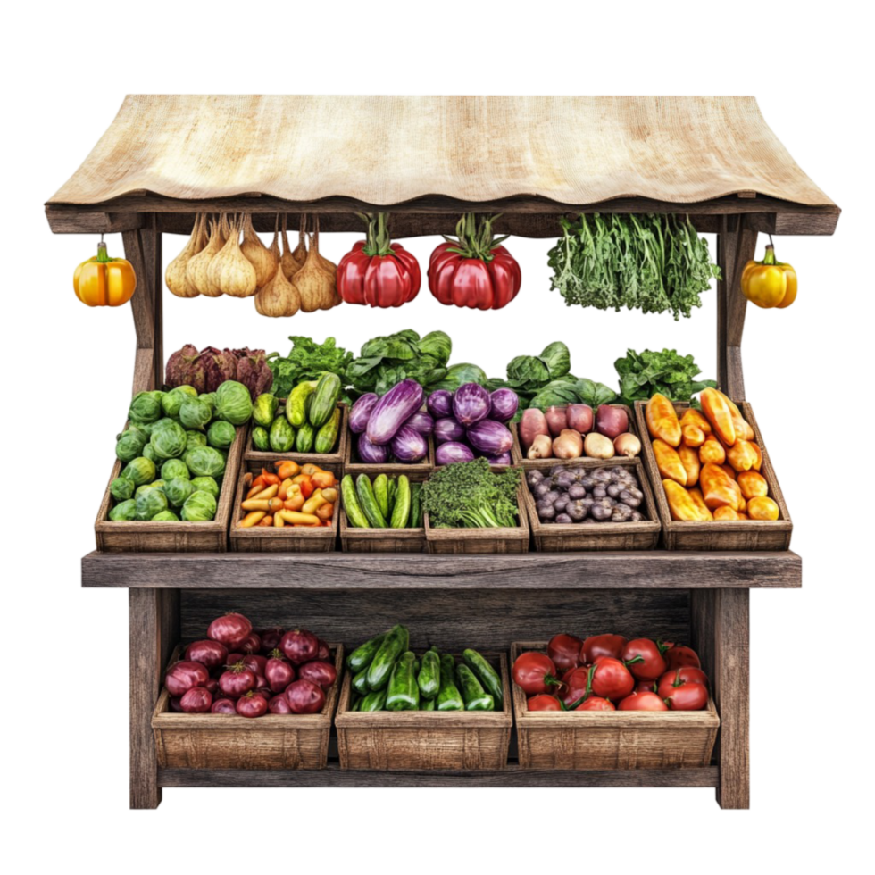 Rustic Wooden Market Stall with Fresh Produce png