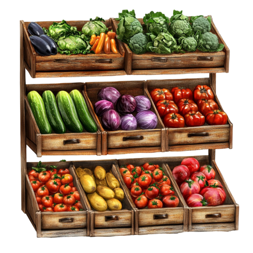 Vegetable Display Rack with Wooden Shelves png