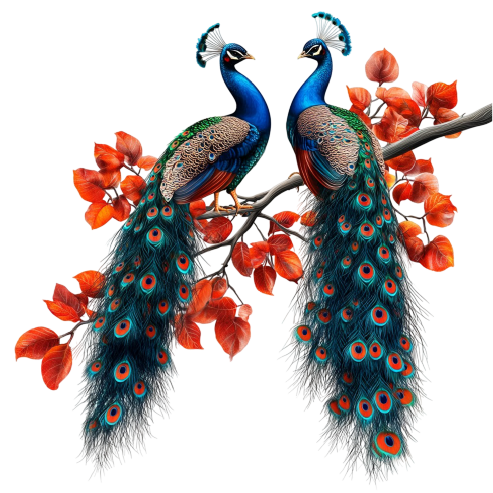 Peacocks with Flowing Blue Feathers and Red Flowers png