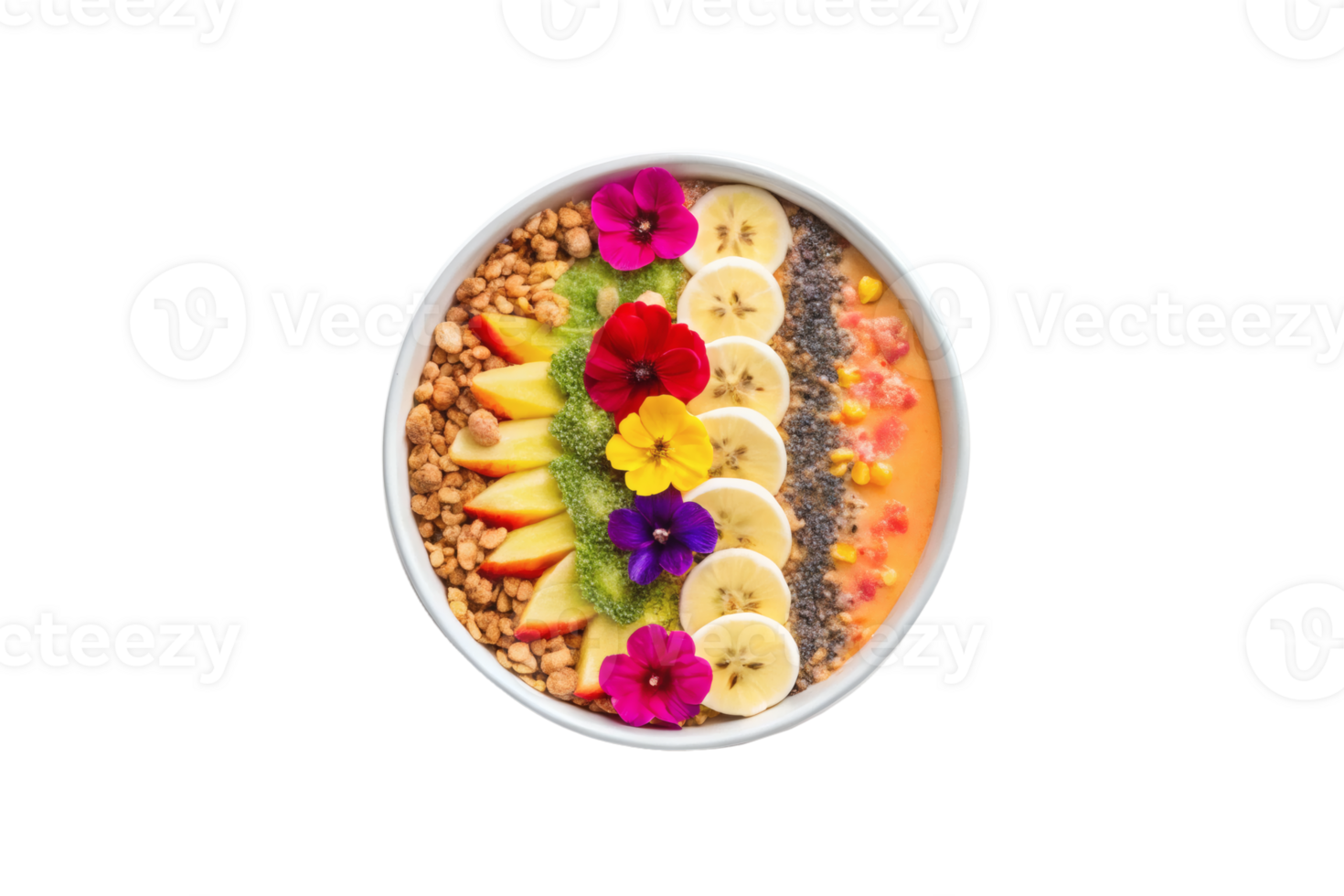 Vibrant smoothie bowl featuring banana, apple, granola, chia seeds, and edible flowers, healthy eating png