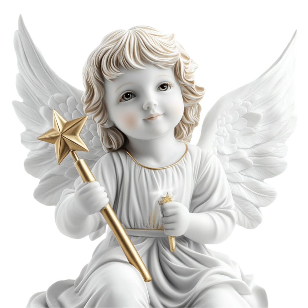 Elegant Angel Figurine Holding a Star with Wings Spread png
