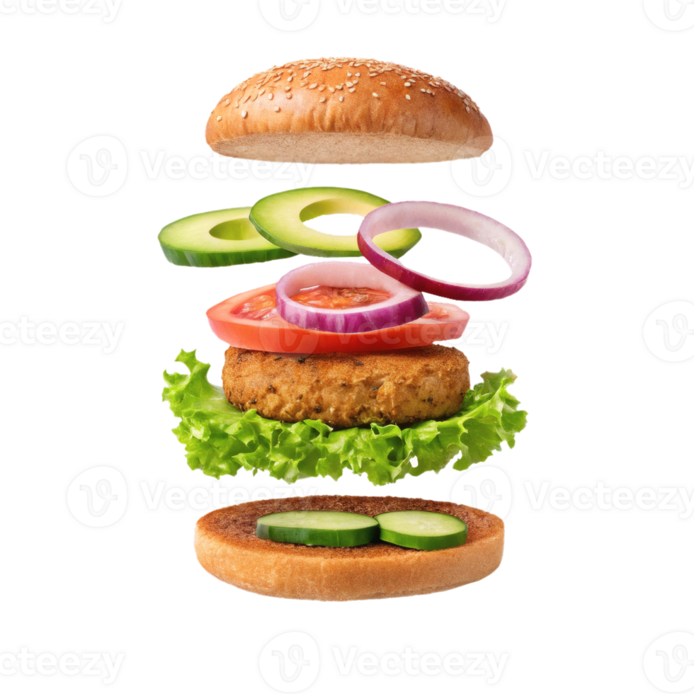 Floating ingredients of a veggie burger, including lettuce, tomato, cucumber, patty, and bun. concept of food preparation png