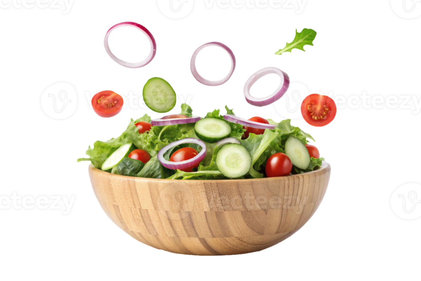 Wooden bowl of fresh salad with lettuce, tomatoes, cucumbers, and onions. Healthy food png