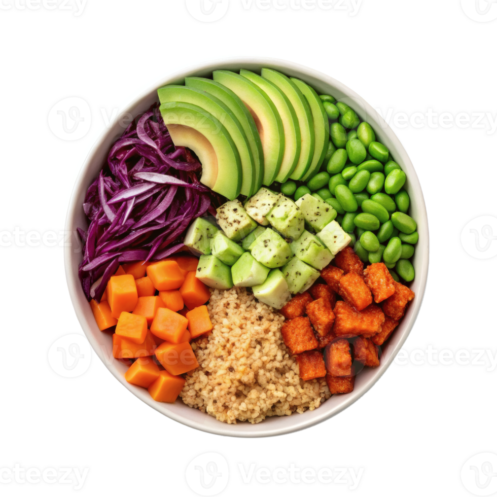 Vibrant bowl of vegetables, avocado, grains, and tofu, showing a healthy food concept png